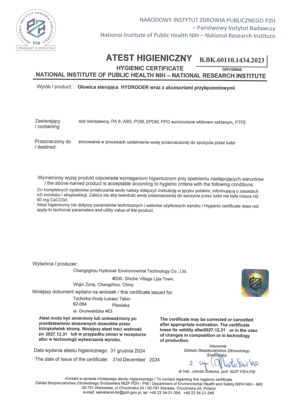 Atest PZH głowice sterujące